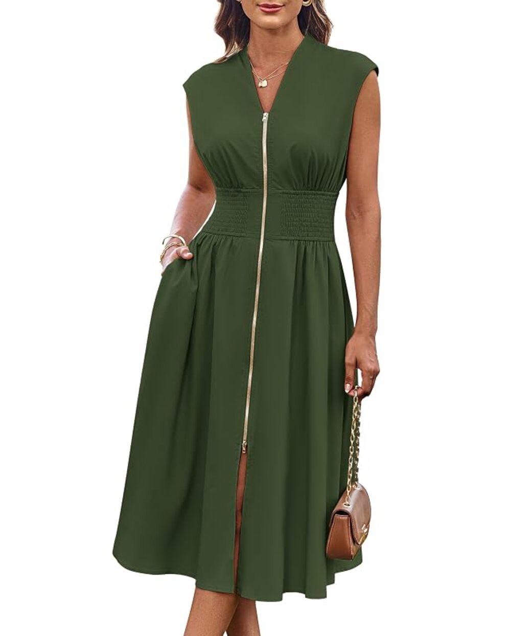 NEW Grace Karin Midi Dress Green Smocked Sleeveless Zip Up Fit & Flare Size XL